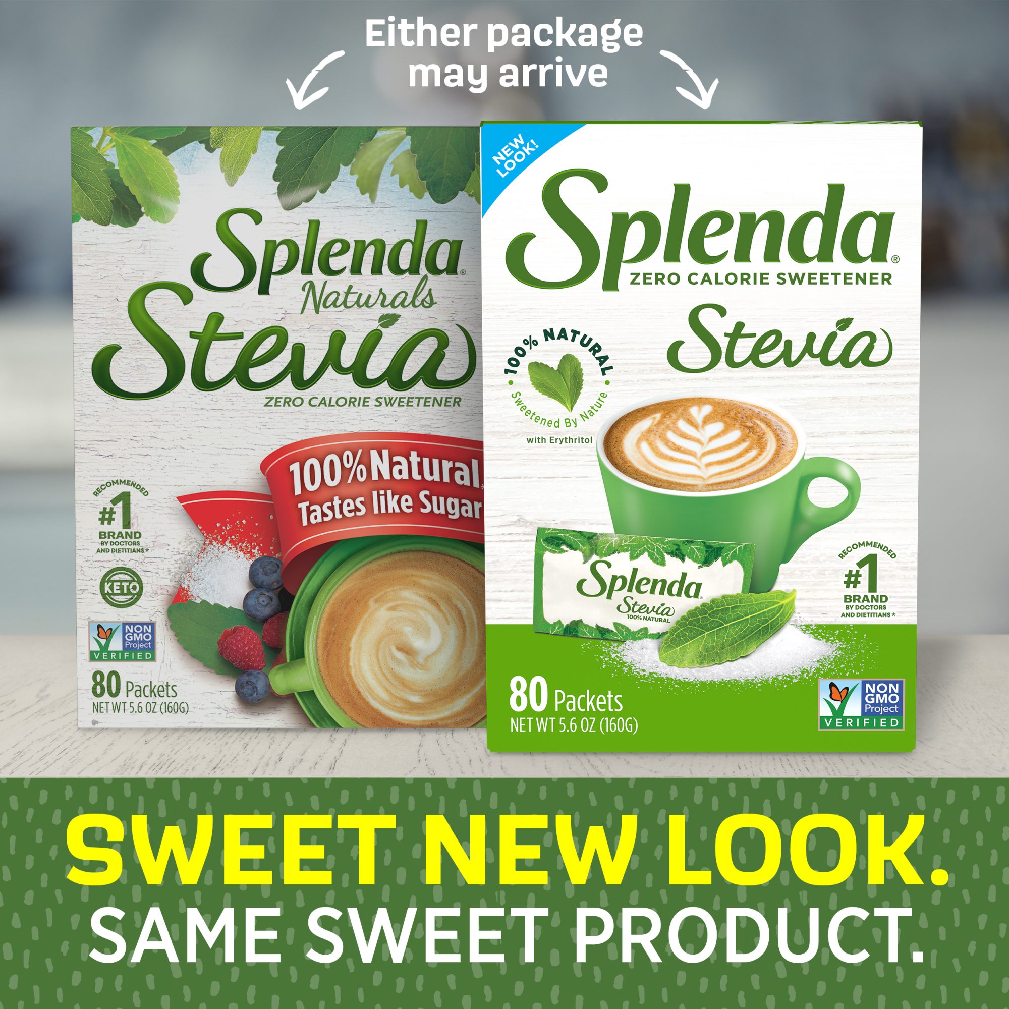 Splenda甜叶菊甜味剂包-甜蜜的新面貌。同样的甜产品。